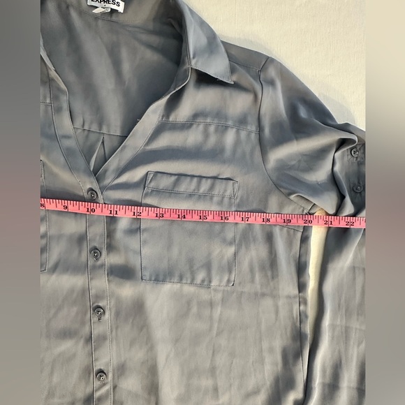 Express Blue Gray Button Up w/Deep V Blouse Size Medium - Picture 7 of 7